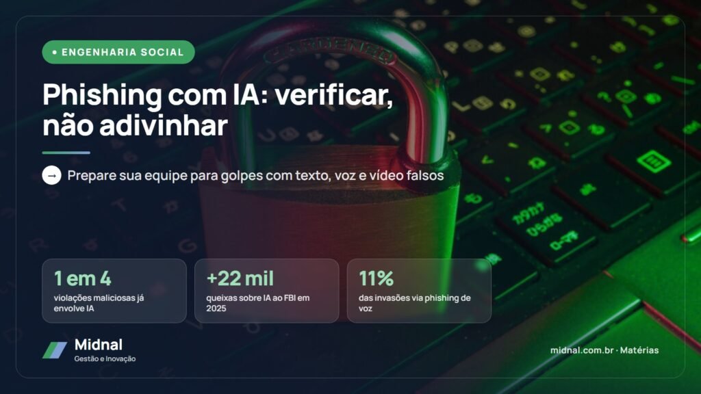 Phishing com IA: verificar, não adivinhar. Prepare sua equipe para golpes com texto, voz e vídeo falsos